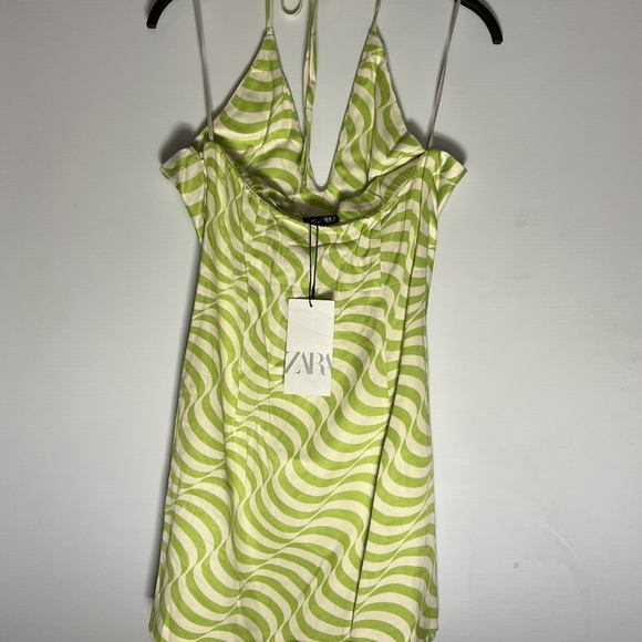 NWT ZARA Sz M Satin Effect Sleeveless Strappy green Striped Printed Short Dress - Picture 3 of 4
